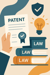 Intellectual Property Protection Concept with Patent Certificate, Law Books, Security Shield, and Light Bulb Idea Innovation, Legal Document, Copyright and Trademark Law