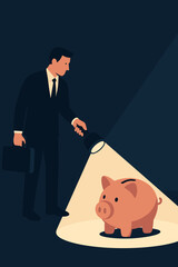 Businessman in suit shining flashlight on piggy bank, financial investment concept, money savings illustration, economic growth, wealth management, financial planning, business success metaphor