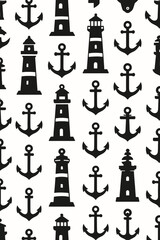 Nautical Seamless Pattern: Black and White Lighthouses and Anchors. Maritime Adventure, Ocean Voyage, Seaside Holiday, Marine Symbol, Minimalist Design, Coastal Decor, Sailor Theme