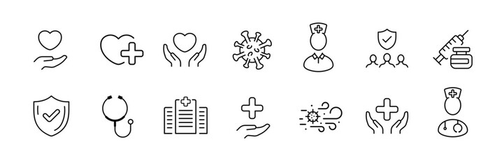 Medical and healthcare icons featuring heart, shield, and stethoscope symbols