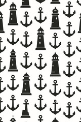 Lighthouse anchor pattern seamless. Nautical marine silhouette. Vector background wallpaper. Sea travel, boat, coastal. Maritime symbol icon. Monochrome black white. Simple flat design. Fabric print.