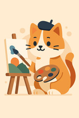 Artistic Feline Painter at Work: Ginger Cat with Beret Painting Landscape on Easel with Brush and Palette, Creative Animal, Funny Pet, Cartoon Character, Art Studio