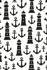 Nautical Seamless Pattern: Lighthouses and Anchors, Maritime Theme, Coastal Decor, Black and White, Repeat Texture, Ocean, Sea, Marine, Surface Design, Tileable