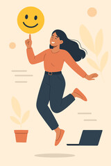 Happy motivated woman jumping with smile emoji, expressing joy, success, freedom, and positive emotions. Feeling inspired, optimistic, and embracing cheerful vibrant energy.
