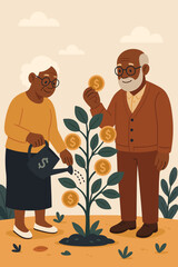Elderly couple growing passive income money tree, financial growth investment concept, senior people nurturing wealth, golden coins plant symbolizing savings and prosperity