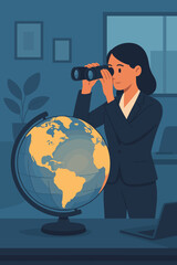 Global Career Vision: Woman with Binoculars, Globe, and Laptop - International Opportunities, Business Strategy, and Worldwide Expansion Planning