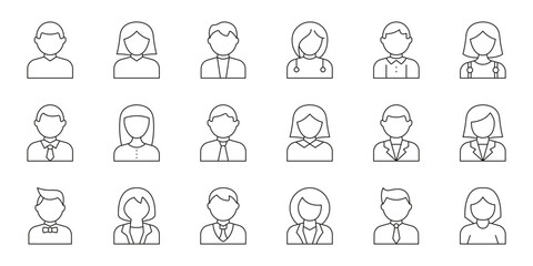Professional Avatar Line Icon Set. Diverse Occupation And Gender Outline Symbol Collection. Business, Healthcare, And Casual Attire. Editable Stroke. Isolated Vector Illustration