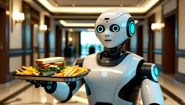 Futuristic robot server delivering food with sandwich and french fries in a luxurious hotel