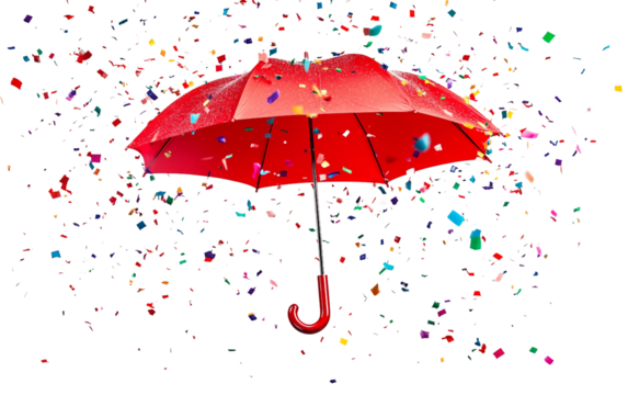 A vivid and surreal visual of a bright red umbrella floating upside down as raindrops fall around it symbolizing whimsy and weather in motion isolated on transparent background PNG