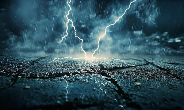 Dramatic storm over cracked pavement