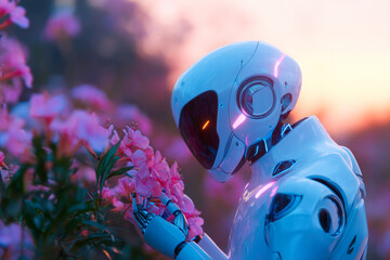 Advanced Humanoid Robot Analyzing Flower With Glowing Scanner In A Sleek Laboratory Setting