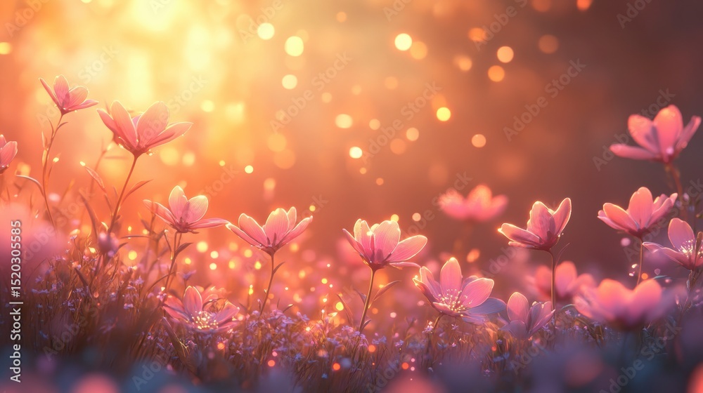 Poster magical sunset illuminating pink flowers in a field with glowing particles.