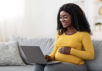 Smiling black pregnant lady using laptop at home, sitting on couch at living room, empty space....