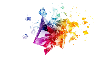 A striking floating crystal diamond splitting into colorful fragments radiating vibrant light and energy in a dazzling display isolated on transparent background PNG