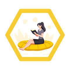 Young woman reading a book, relaxing on a yellow float in a tranquil setting, surrounded by soft colors and peaceful vibes, summer holiday concept of leisure or wellness.