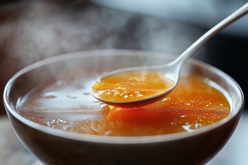 Delicious Homemade Hot Soup. Rustic Vegetarian Broth with Carrots and Aromatic Garden Vegetables - Perfect Comfort Food