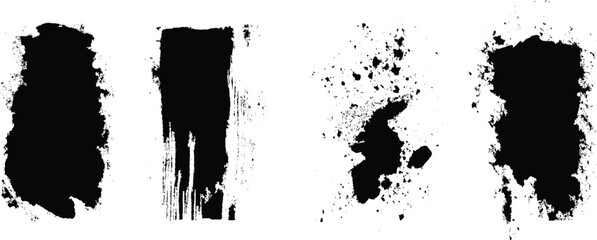 Black Grunge Brush Stroke Textures Set - Ink Splatter Abstract Shapes for Graphic Design Elements, Vector Illustration set