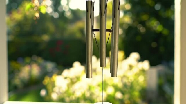 Wind chimes swaying in breeze on sunny porch.