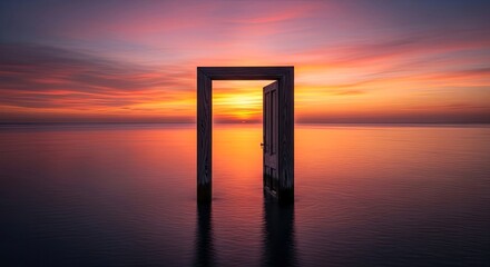 Surreal open doorway floating in calm water reflecting fiery sunset sky creating dreamlike atmosphere