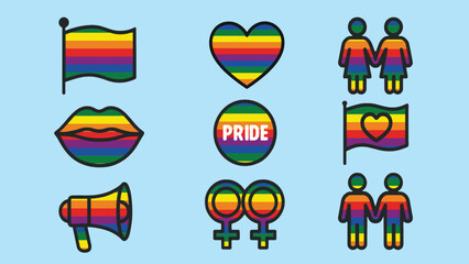 Rainbow people and icons representing LGBTQ+ love, unity, expression and activism in bold illustrated style