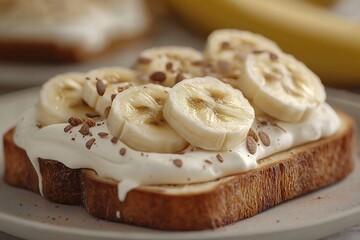 Delicious Everyday Breakfast. Vegan Toast with Banana, Nut Butter & Chocolate on Whole Grain Bread - A Sweet, Healthy, Nutritious Treat