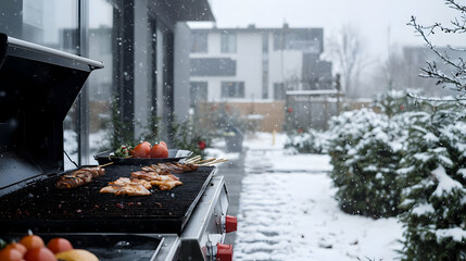 Snowy Backyard Grill In Winter