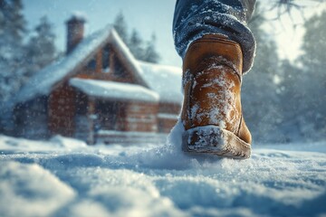 Snow-Covered Forest. Winter Boots and Footsteps in Serene Nature for Cozy Cabin Retreat - Explore Picturesque Snowy Woodland Adventure