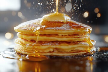 Fluffy Pancakes Drizzled with Maple Syrup. Delicious Breakfast and Brunch Indulgence in Food Photography Close-Up