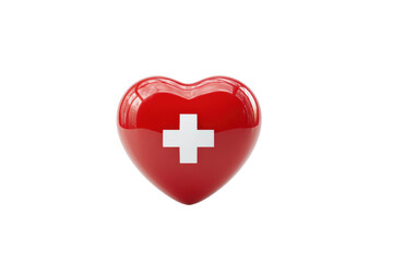 Obraz premium Red heart with swiss flag emblem on a reflective surface, cut out