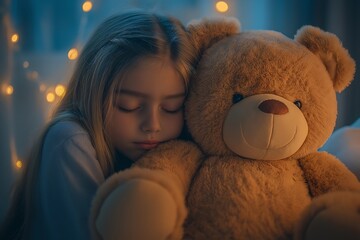 Child Snuggling Teddy Bear at Bedtime. Cozy Night of Childhood Comfort and Joyful Dreaming