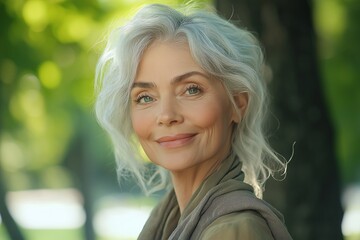 Elderly Woman Smiling Outdoors. Embracing Natural Beauty and Healthy Aging with Grace and Confidence