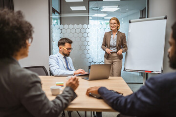 Mature businesswoman present new project to her colleagues in office