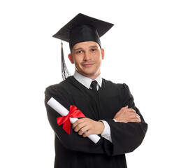 Student with diploma after graduation on white background