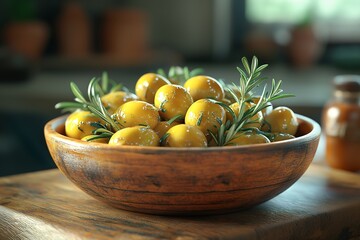 Green Olives in Rustic Wooden Bowl with Rosemary - Mediterranean Cuisine and Healthy Vegan Appetizer