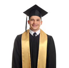 Happy student after graduation on white background