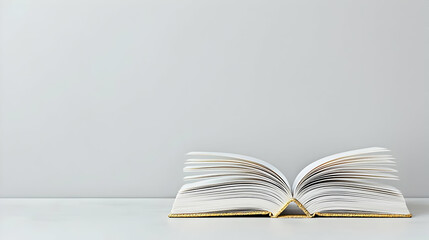 Open Book With Golden Edges On Light Gray Background