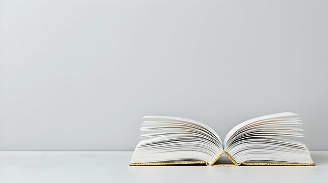 Open Book With Golden Edges On Light Gray Background