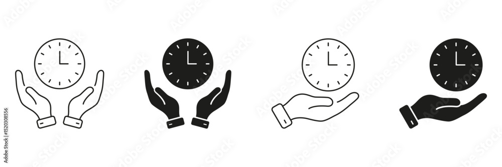 Poster hands holding clock line and solid icon set. time management, scheduling, and efficiency symbol coll