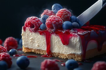 Delicious Slice of Raspberry and Blueberry Cheesecake. Gourmet Dessert with Fresh Berry Topping and Rich Flavor for Festive Celebrations