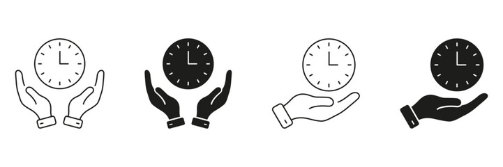 Hands Holding Clock Line And Solid Icon Set. Time Management, Scheduling, And Efficiency Symbol Collection. Prioritization And Productivity Concept. Isolated Vector Illustration