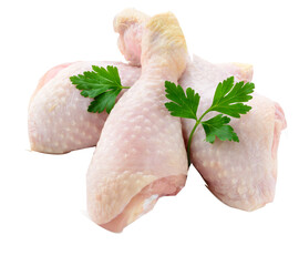 Raw chicken legs isolated on white background. Fresh Chicken Drumsticks Ready to Cook. Close-up of...