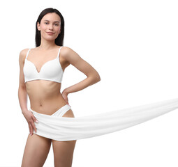 Young woman with beautiful fabric on white background