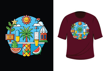 Colorful Summer T-Shirt Design with Tropical Beach Elements
