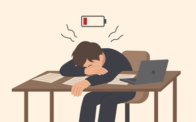 Exhausted Office Worker with Low Energy at Desk, Vector Flat Illustration