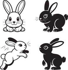 Rabbit silhouette & Outline set vector illustration isolated On Transparent Background