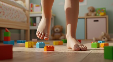The child steps on the colorful parts of the construction kit in the playroom