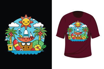 Colorful Summer T-Shirt Design with Tropical Beach Elements