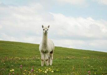 A Curious Alpaca Stands Gracefully in a Lush Green Field Surrounded by Colorful Wildflowers Under a Cloudy Sky