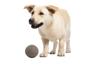Fototapeta premium Labrador retriever puppy playing with a ball on white background, cut out