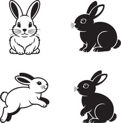 Rabbit silhouette & Outline set vector illustration isolated On Transparent Background